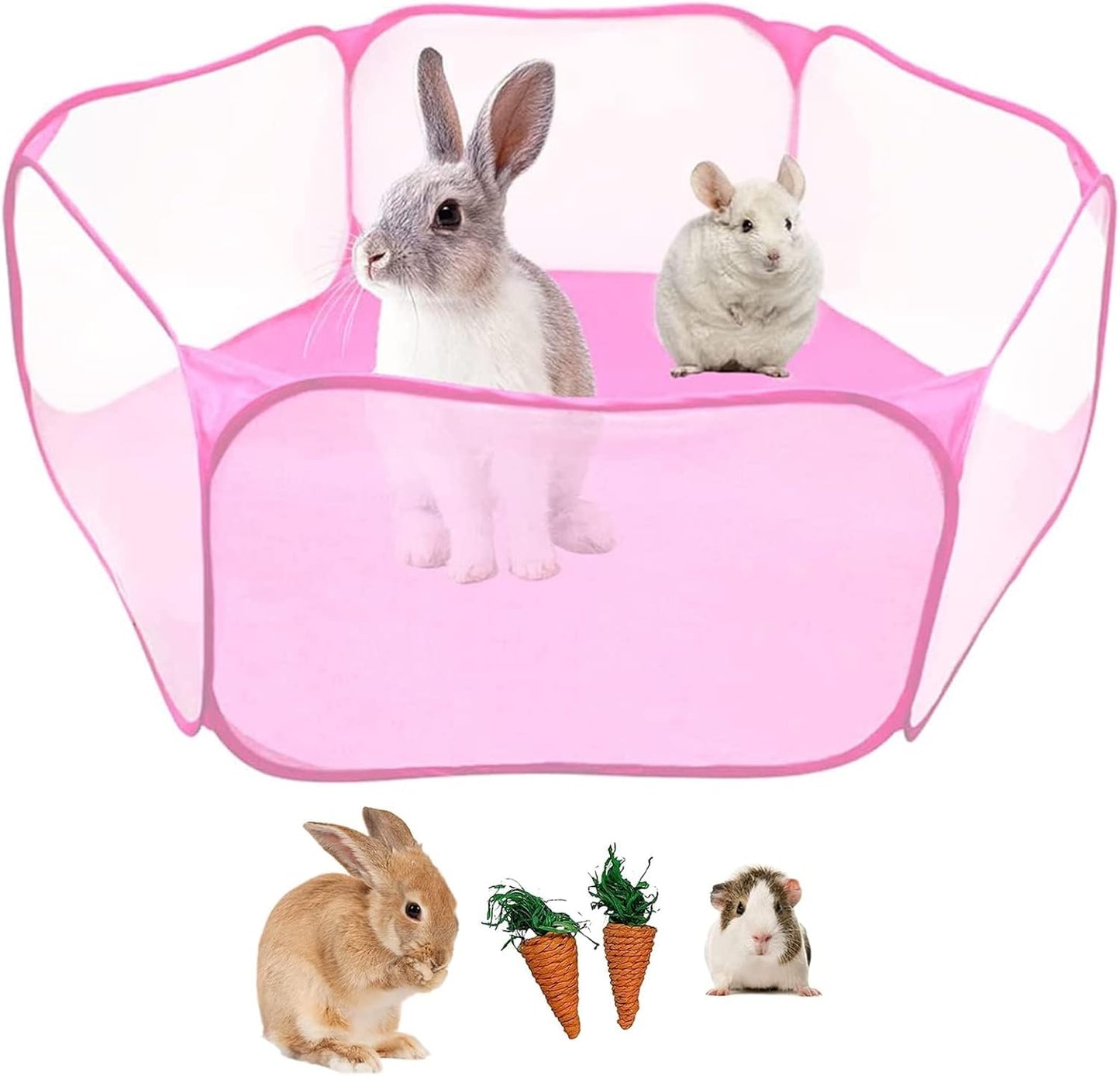 Small Animals Cage Tent, Breathable&Transparent Pets Playpen Folding Exercise Pop Open Outdoor/Indoor Portable Fence with Carrots for Guinea Pig Hamster Rabbit Rat Gerbils(Pink)