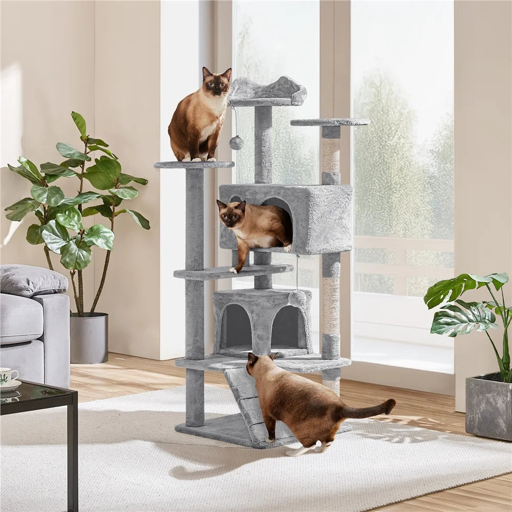54.5" Cat Tree Tower with Condos and Scratching Posts, Light Gray