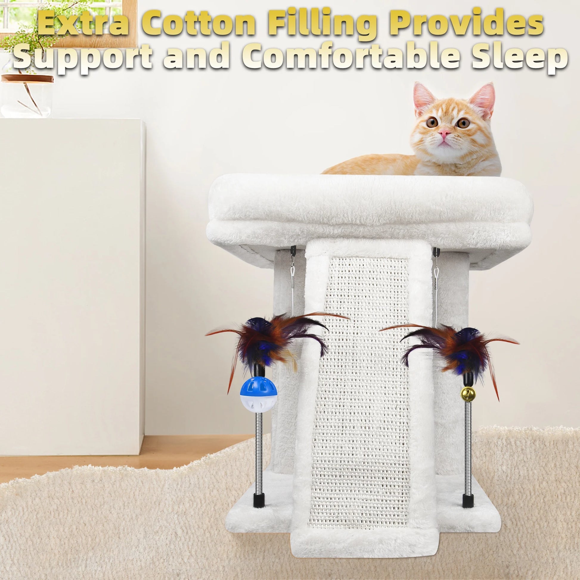 Cat Tree with Cat Condo Scratch Post Hammock Hanging Ball, Beige