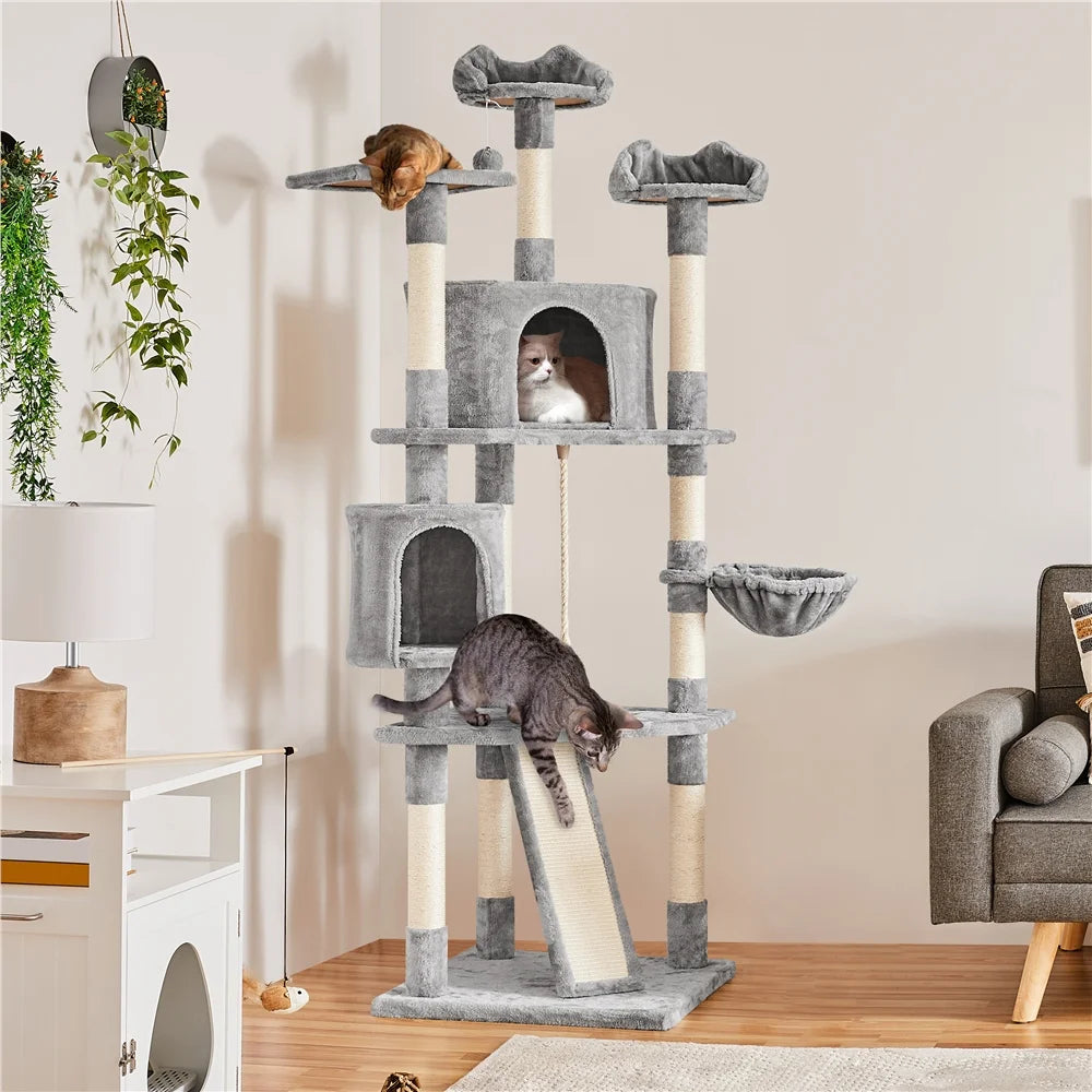 Multi-Level Cat Tree Condo Tower with Basket, Scratching Posts & Ramp Light Gray, 79'' H