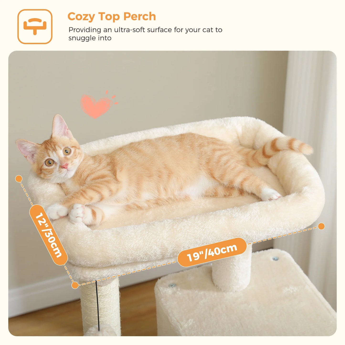 Cat Tree Condo 46”With Sisal Covered Scratching Posts Tower Deep Hammock and Large Perch for Small Cats, Beige