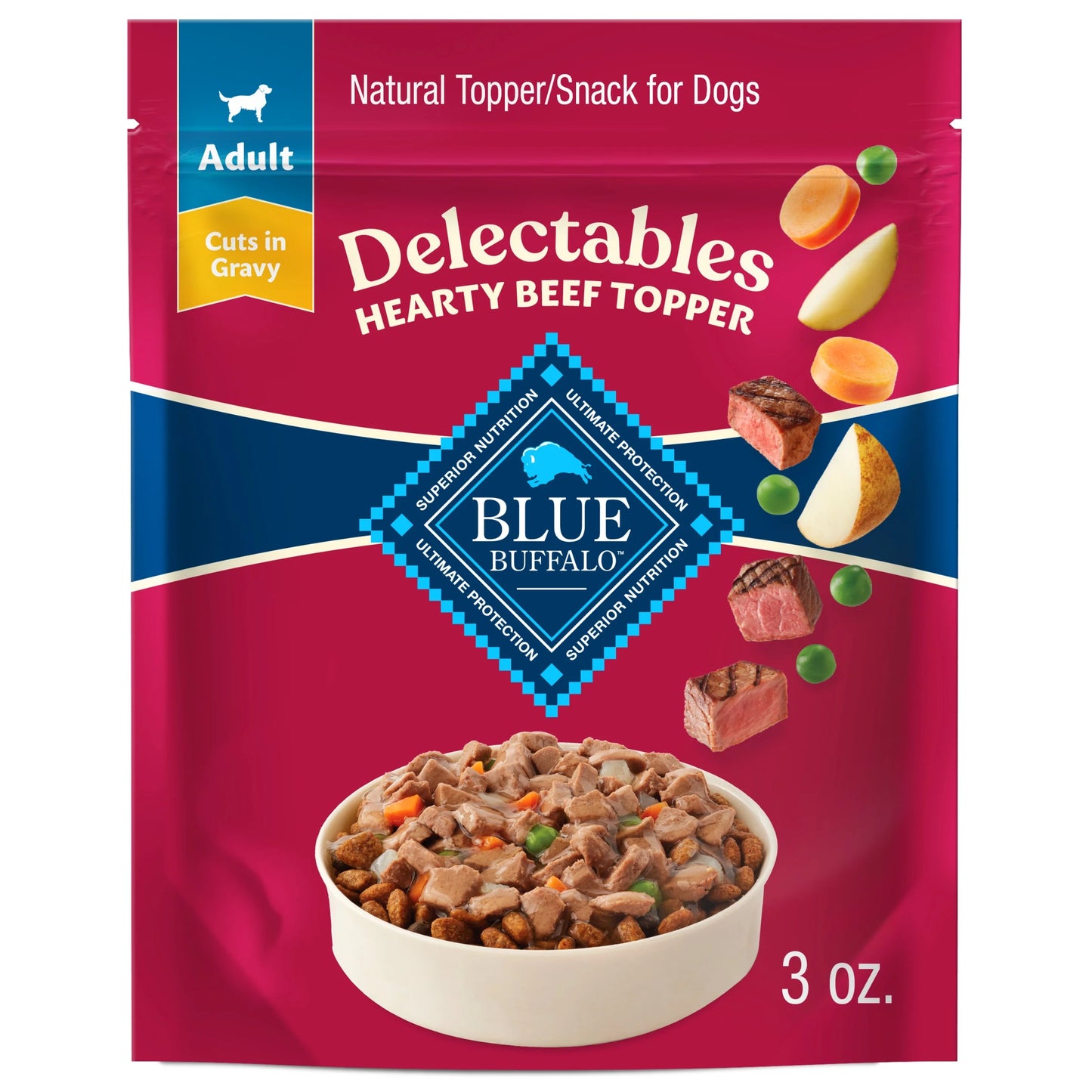 Delectables Natural Wet Dog Food Toppers, Hearty Beef, 3-Oz Pouch