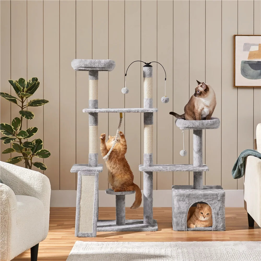 Multilevel Plush Cat Tree with Dangling Balls for Cats and Kittens, Light Gray