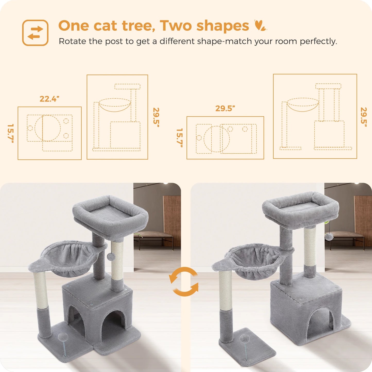 Cat Tree 29.5" Sisal Cat Scratching Posts Tower Hammock Top Perch for Indoor Cats,Gray