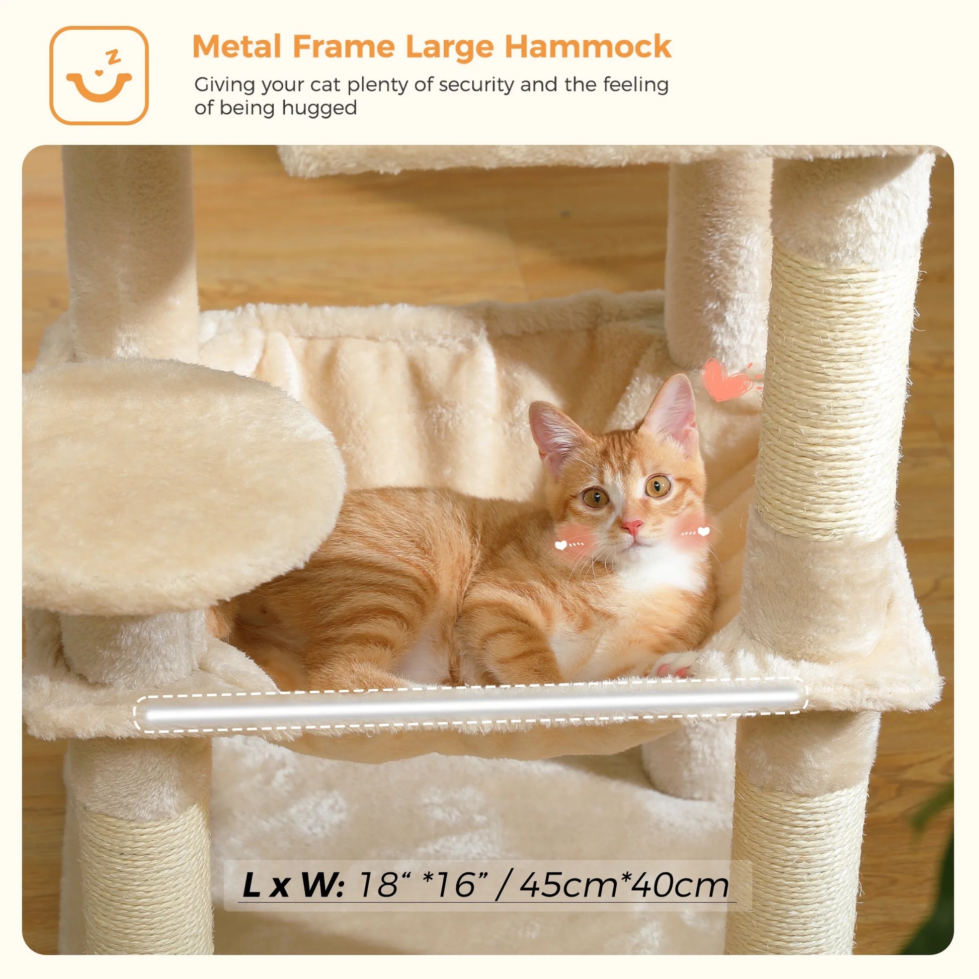 Cat Tree Condo 46”With Sisal Covered Scratching Posts Tower Deep Hammock and Large Perch for Small Cats, Beige