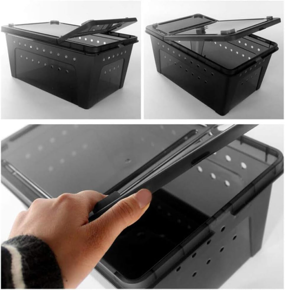 Portable Reptile Terrarium Habitat for Mini Pet Houses Breathable Holes Stackable Container (Black-L)