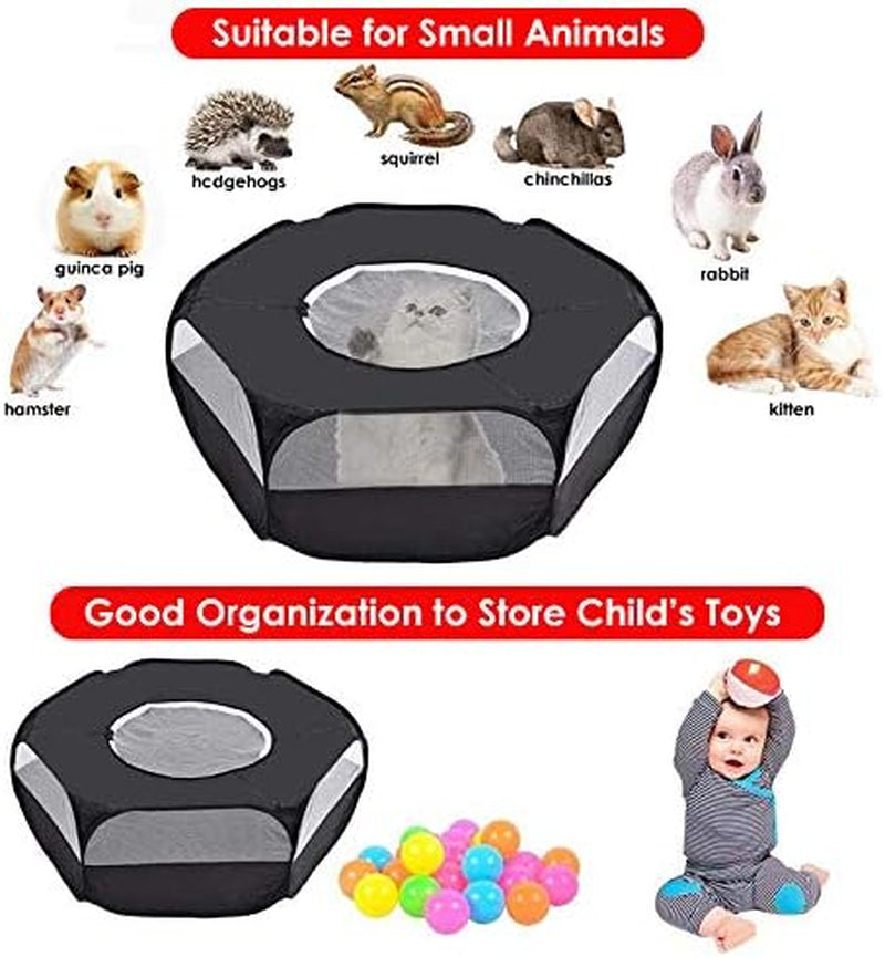 Small Animals Cage Tent, Pet Playpen with Top Opening Foldable Breathable Yark Fence for Guinea Pig, Rabbits, Hamster, Chinchillas and Hedgehogs(Dark Black)