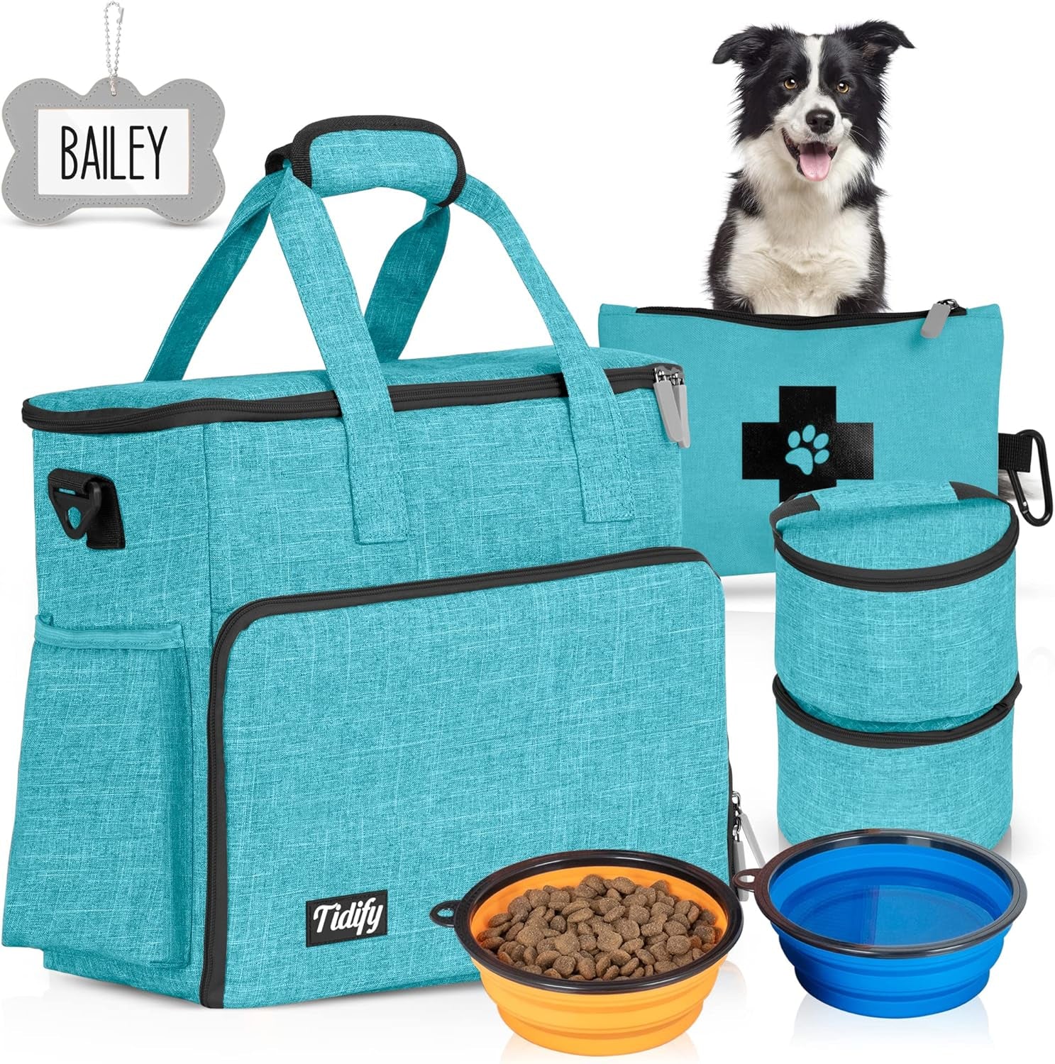Dog Travel Bag Airline Approved Travel Set for Dog and Cat Tote Organizer with Multi Function Pockets, 2 Food Containers and Collapsible Bowls, Weekend Away Dog Bag for Travel Accessories - Blue