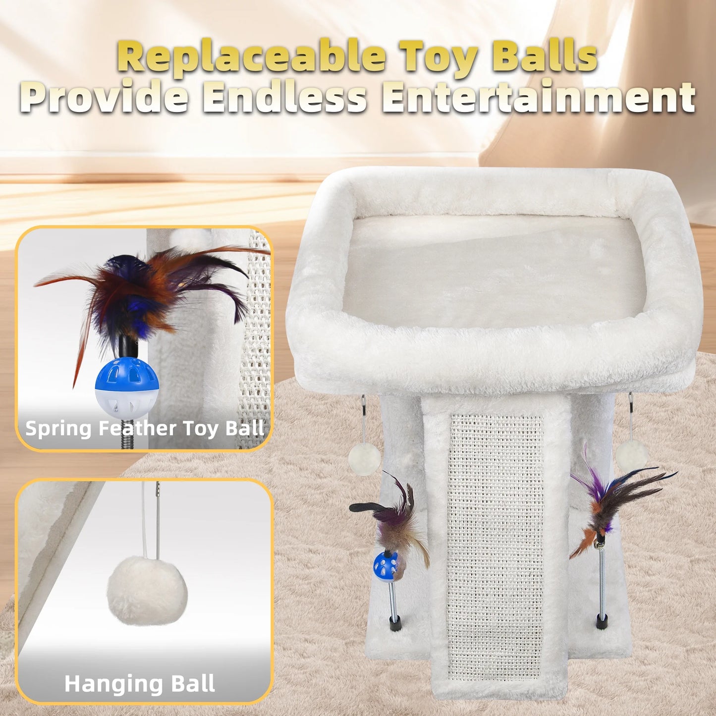 Cat Tree with Cat Condo Scratch Post Hammock Hanging Ball, Beige