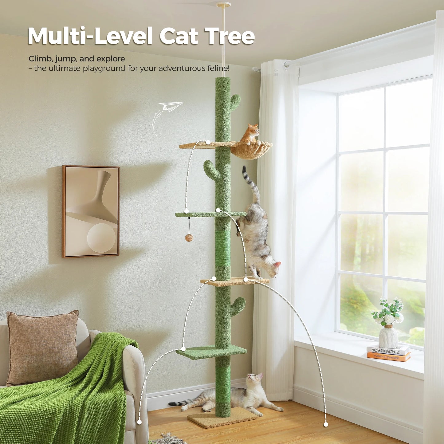 Tall Cat Tree Cactus Floor to Ceiling Cat Tower 95-108" Sisal Scratching Post for Indoor Cats