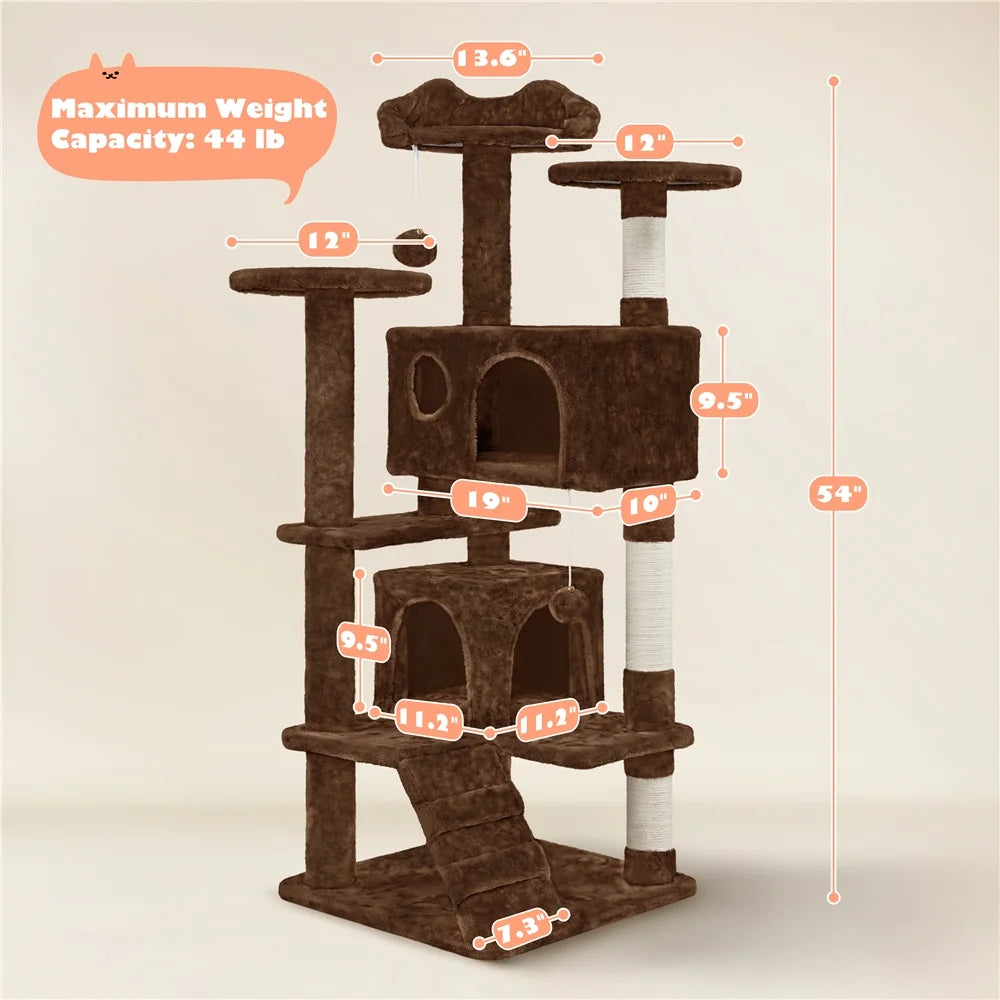 53.9" H Cat Tree with Double Condos, Scratching Posts & Ramp, Brown