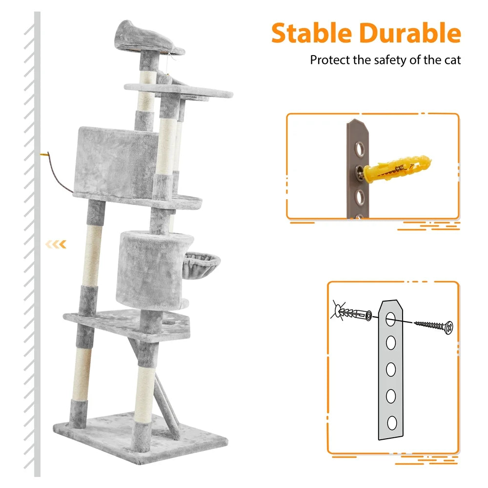 Multi-Level Cat Tree Condo Tower with Basket, Scratching Posts & Ramp Light Gray, 79'' H