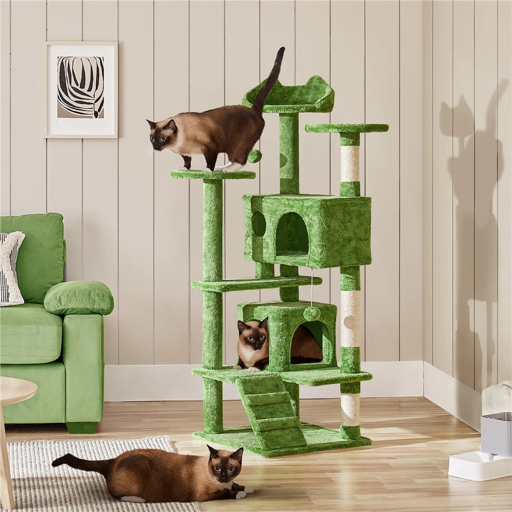 53.9" H Cat Tree with Double Condos, Scratching Posts & Ramp, Green