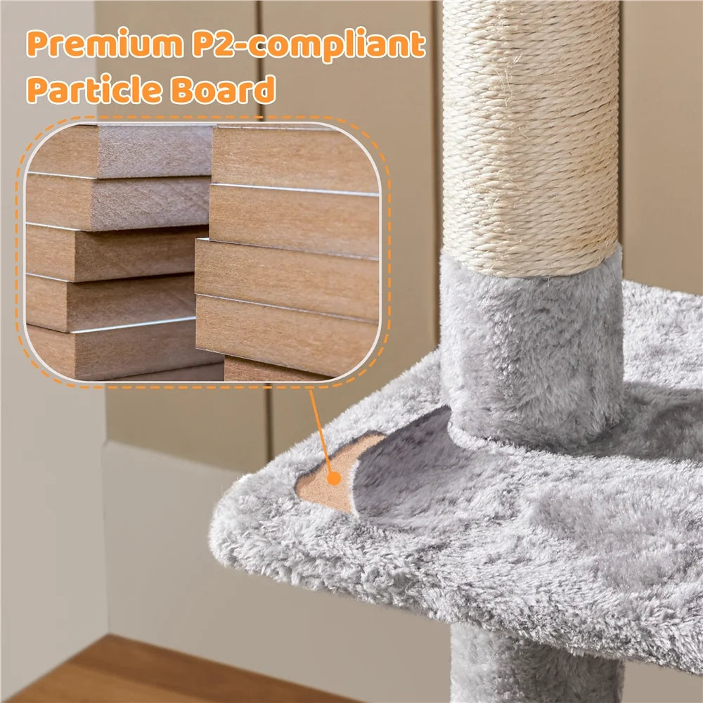 Multilevel Plush Cat Tree with Dangling Balls for Cats and Kittens, Light Gray