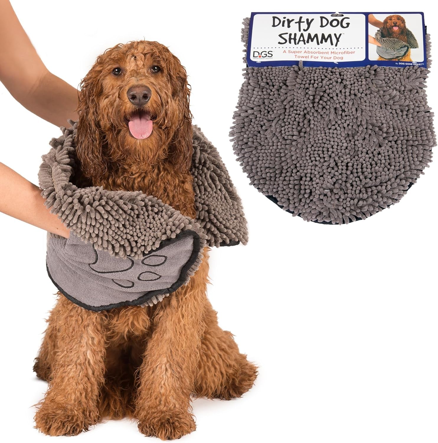 the Dirty Dog Shammy - Fast Drying Plush Shammy Towel with Dual Hand Pockets and Elastic - Super Absorbent Microfiber and Machine Washable - Grey