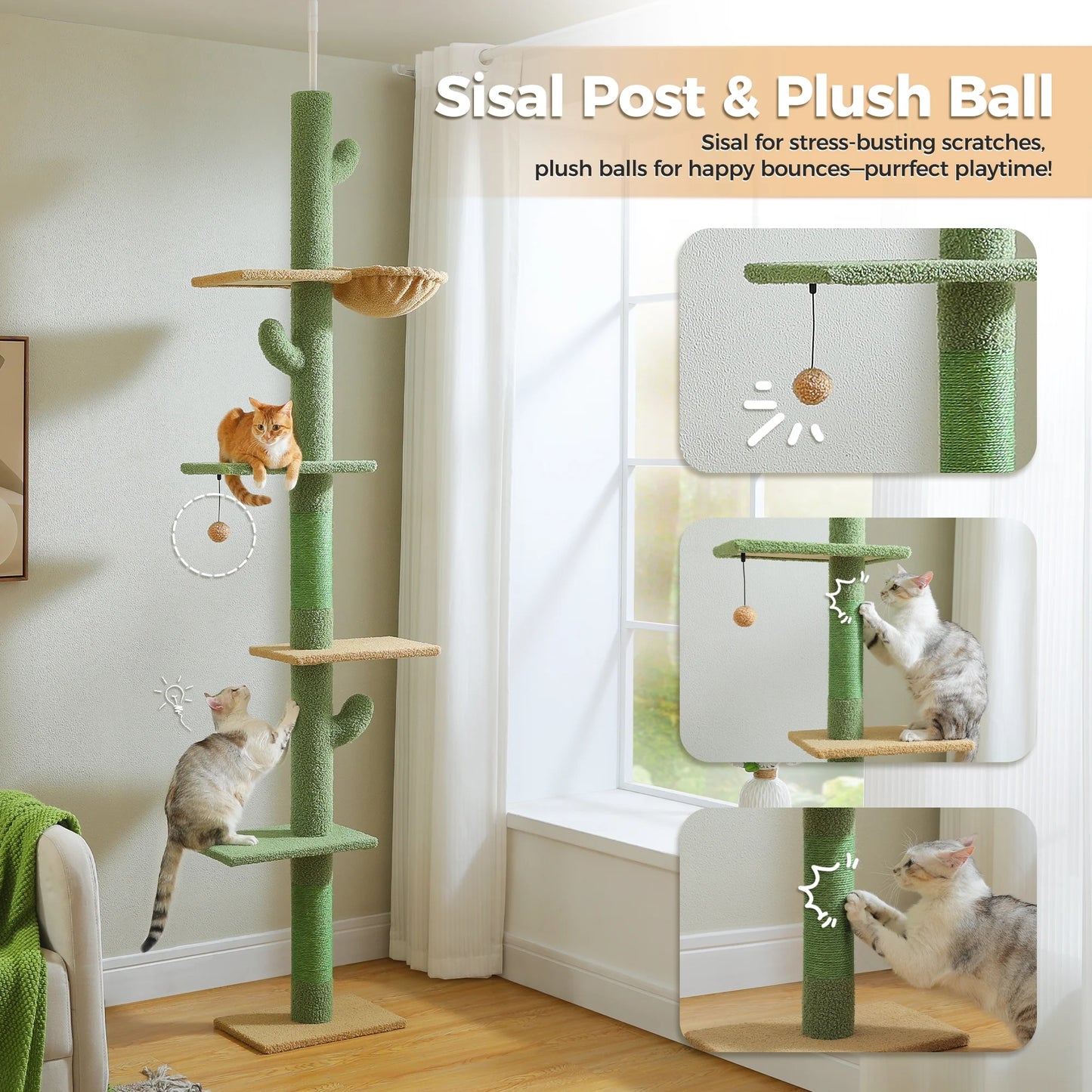 Tall Cat Tree Cactus Floor to Ceiling Cat Tower 95-108" Sisal Scratching Post for Indoor Cats