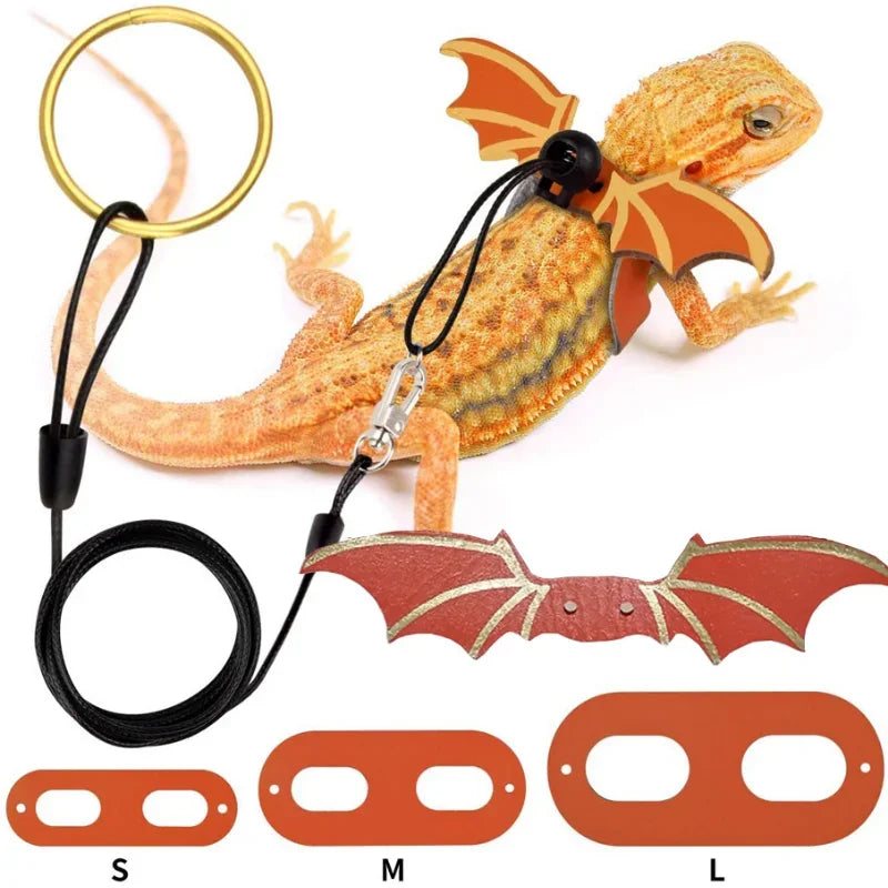 New Adjustable Bearded Dragon Leash with Bat Wings Soft Leather Lizard Harness for Amphibians and Other Small Reptile