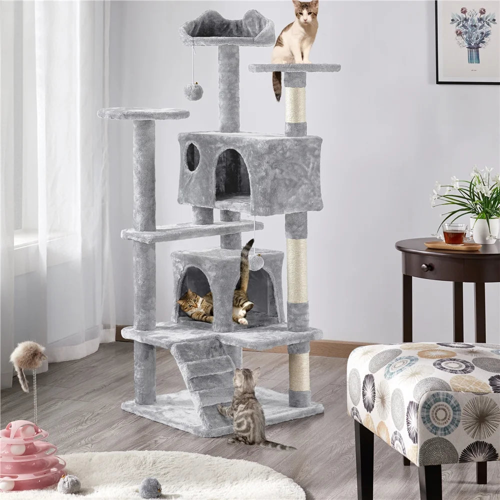 53.9''H Cat Tree Condo with Scratching Post Tower, Light Gray