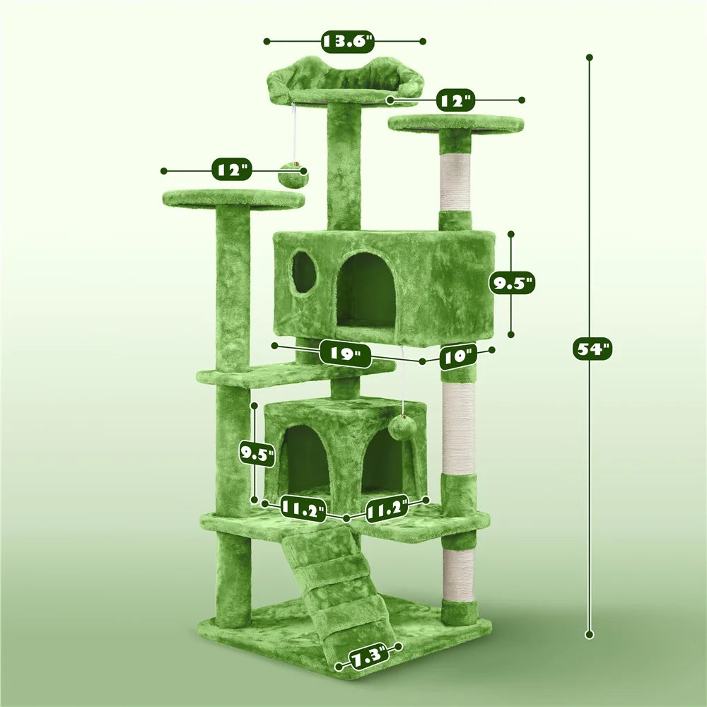 53.9" H Cat Tree with Double Condos, Scratching Posts & Ramp, Green