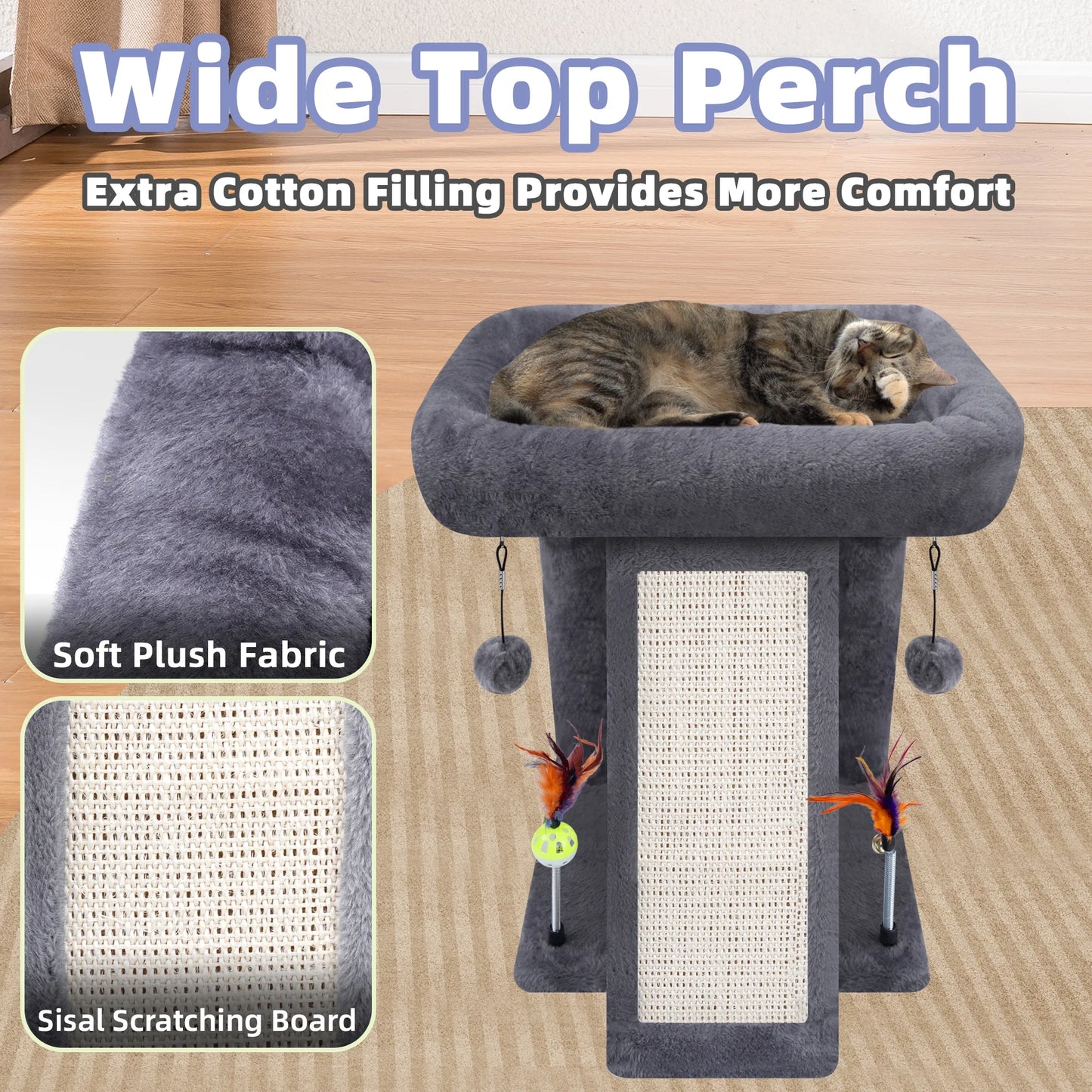 Cat Tree Tower with Scratching Board and Toy Balls, Grey