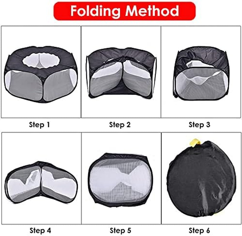 Small Animals Cage Tent, Pet Playpen with Top Opening Foldable Breathable Yark Fence for Guinea Pig, Rabbits, Hamster, Chinchillas and Hedgehogs (Black)
