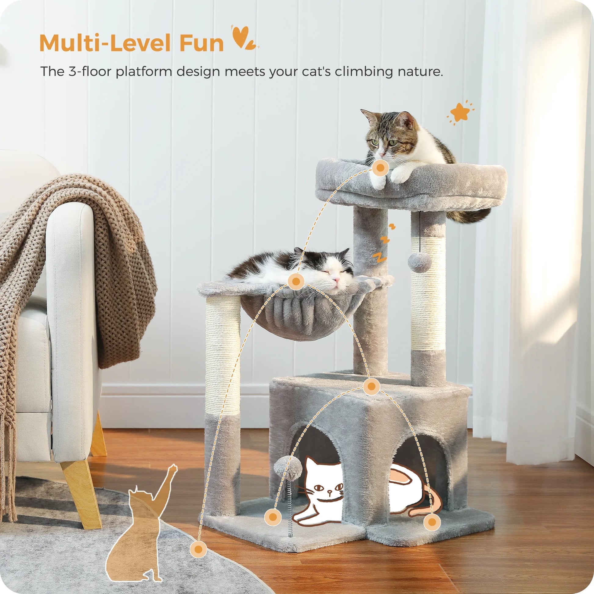 Cat Tree 29.5" Sisal Cat Scratching Posts Tower Hammock Top Perch for Indoor Cats,Gray
