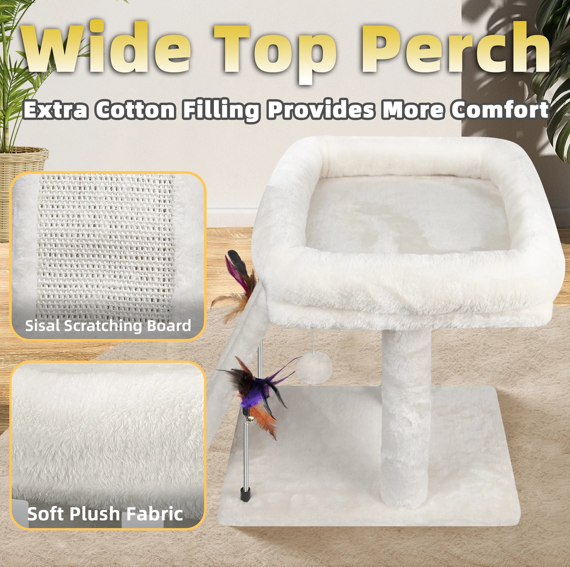 Cat Tree with Cat Condo Scratch Post Hammock Hanging Ball, Beige