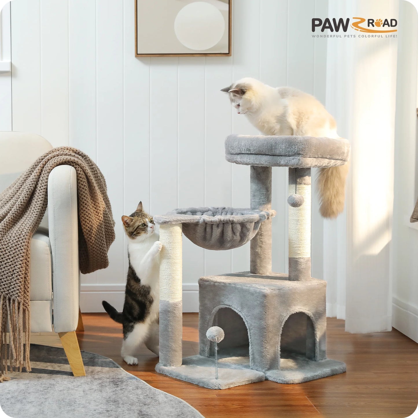 Cat Tree 29.5" Sisal Cat Scratching Posts Tower Hammock Top Perch for Indoor Cats,Gray