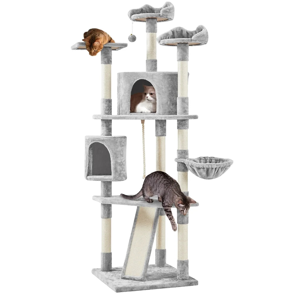 Multi-Level Cat Tree Condo Tower with Basket, Scratching Posts & Ramp Light Gray, 79'' H