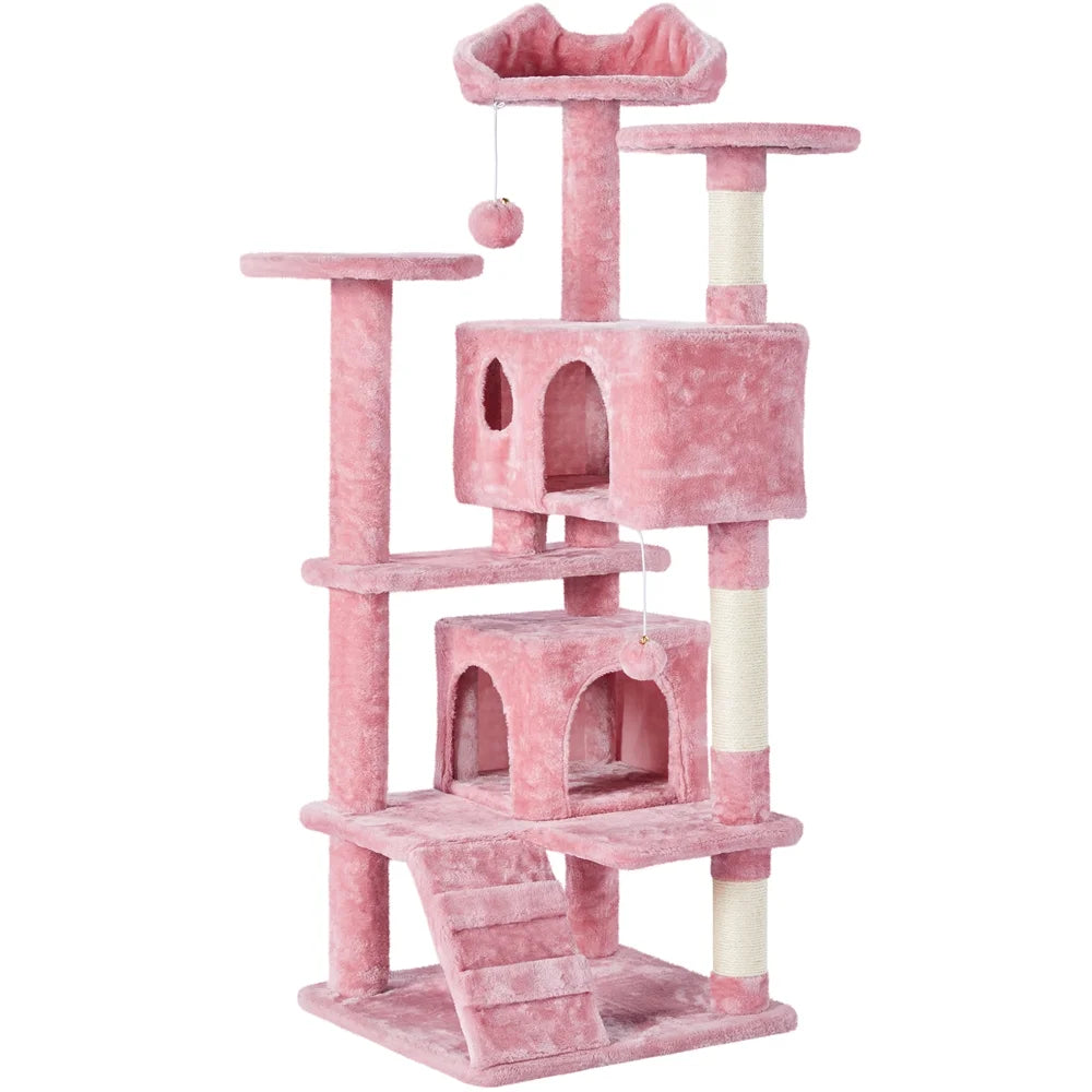 53.9" H Cat Tree with Double Condos, Scratching Posts & Ramp, Pink