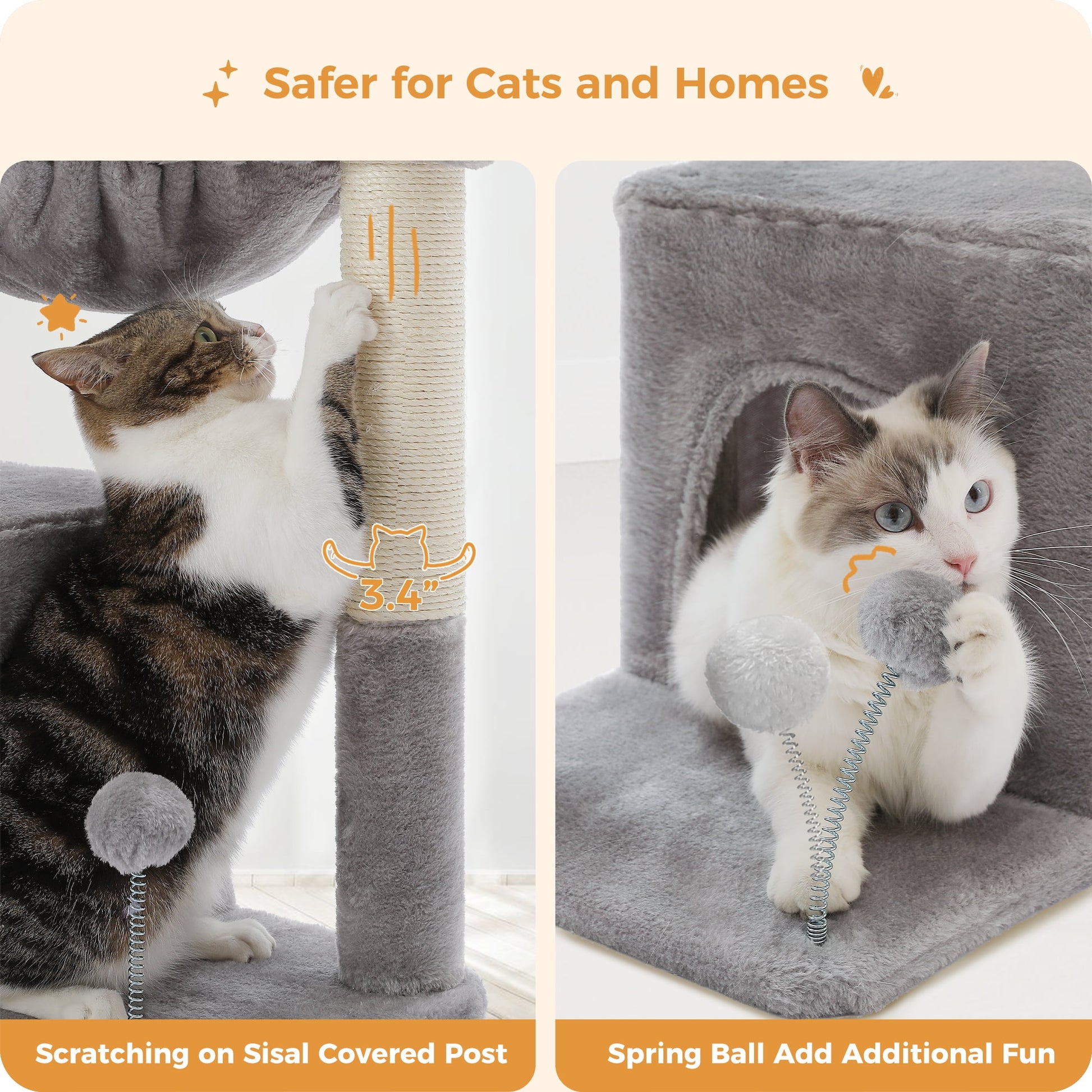 Cat Tree 29.5" Sisal Cat Scratching Posts Tower Hammock Top Perch for Indoor Cats,Gray