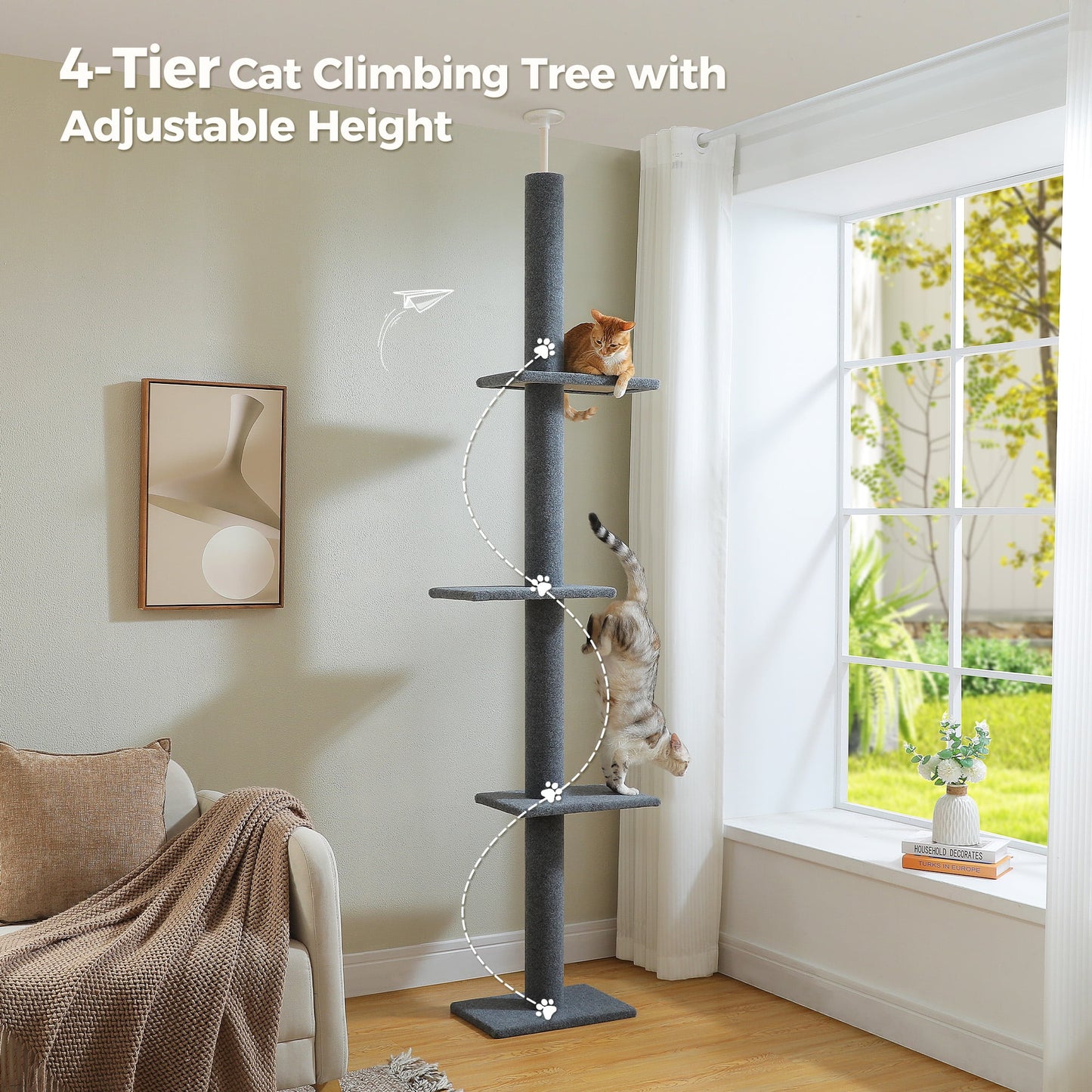 90-107" Floor to Ceiling Cat Tree Tower 4 Tier Tall Cat Climbing Posts Adjustable, Gray