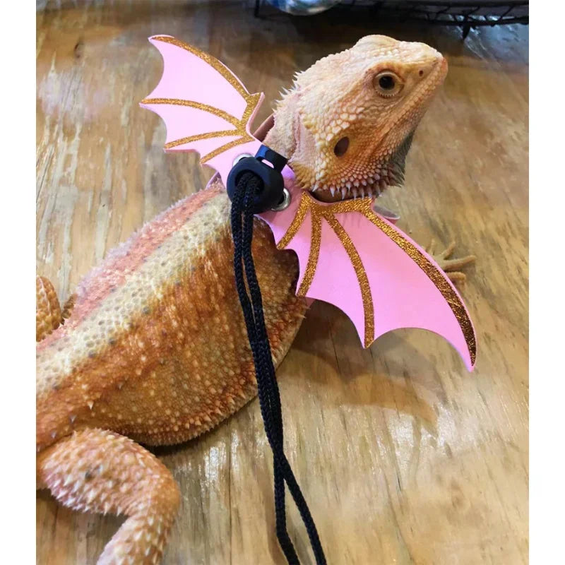 New Adjustable Bearded Dragon Leash with Bat Wings Soft Leather Lizard Harness for Amphibians and Other Small Reptile
