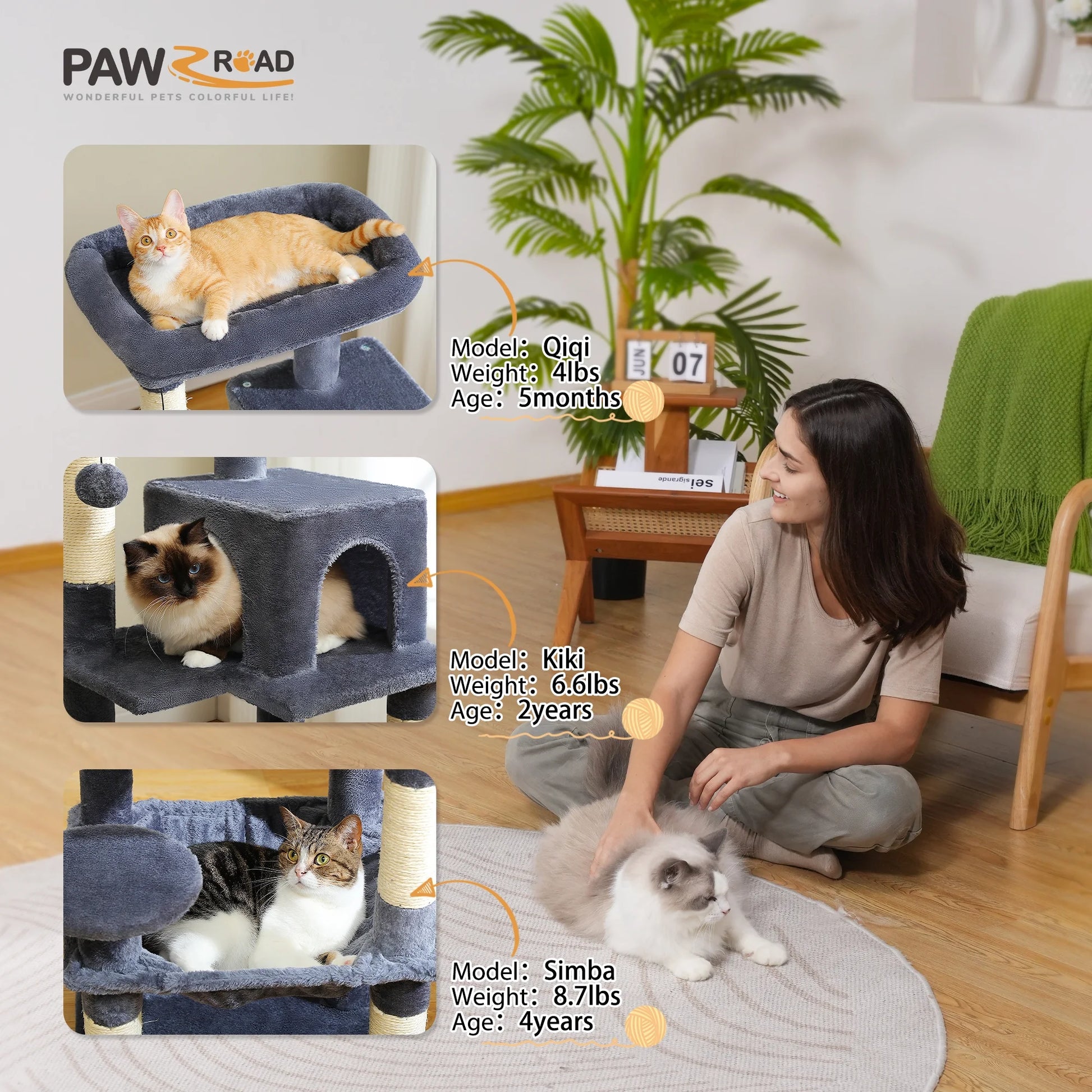 Cat Tree Condo 46”With Sisal Covered Scratching Posts Tower Deep Hammock and Large Perch for Small Cats,Dark Gray