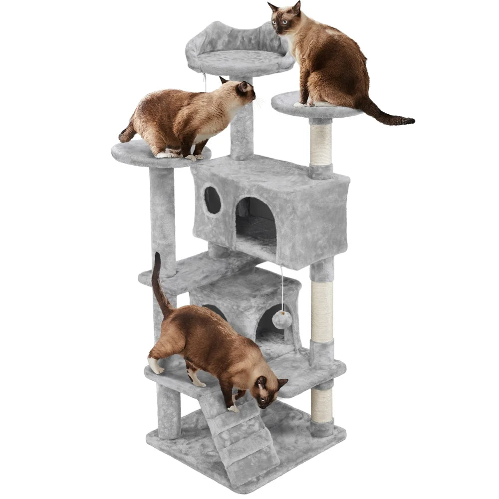 53.9''H Cat Tree Condo with Scratching Post Tower, Light Gray