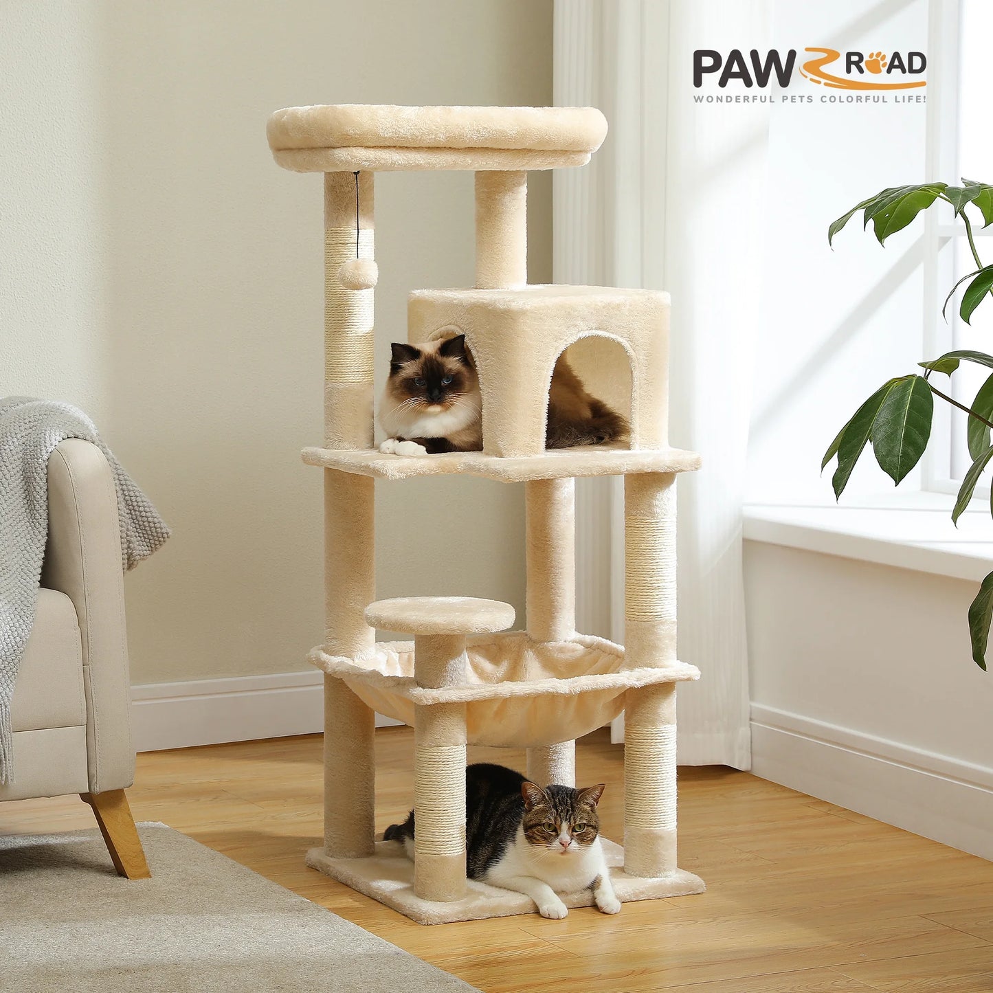 Cat Tree Condo 46”With Sisal Covered Scratching Posts Tower Deep Hammock and Large Perch for Small Cats, Beige