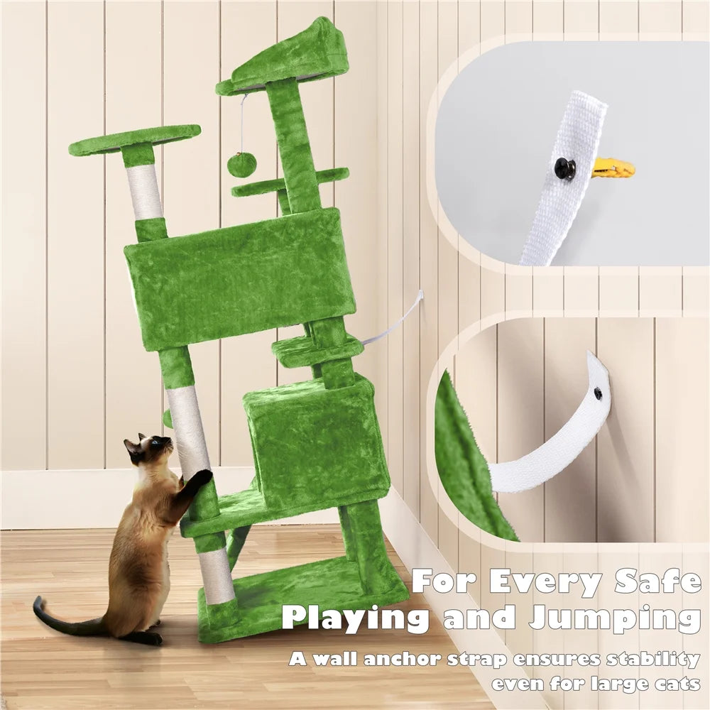 53.9" H Cat Tree with Double Condos, Scratching Posts & Ramp, Green