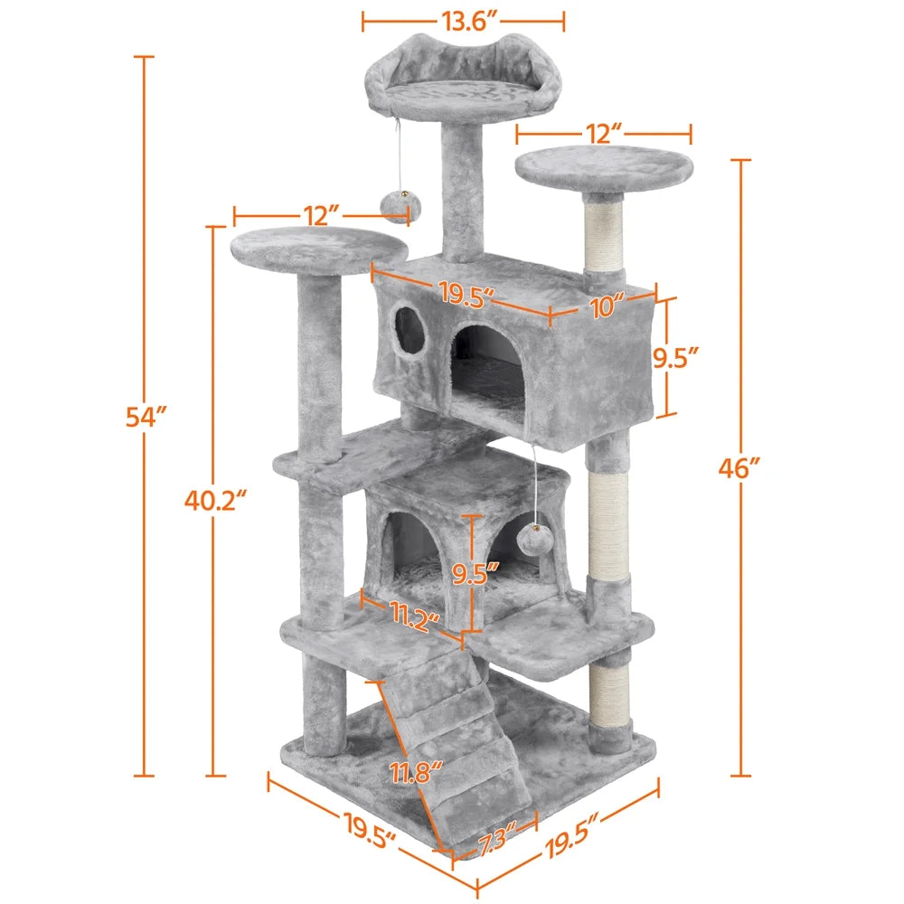 53.9''H Cat Tree Condo with Scratching Post Tower, Light Gray
