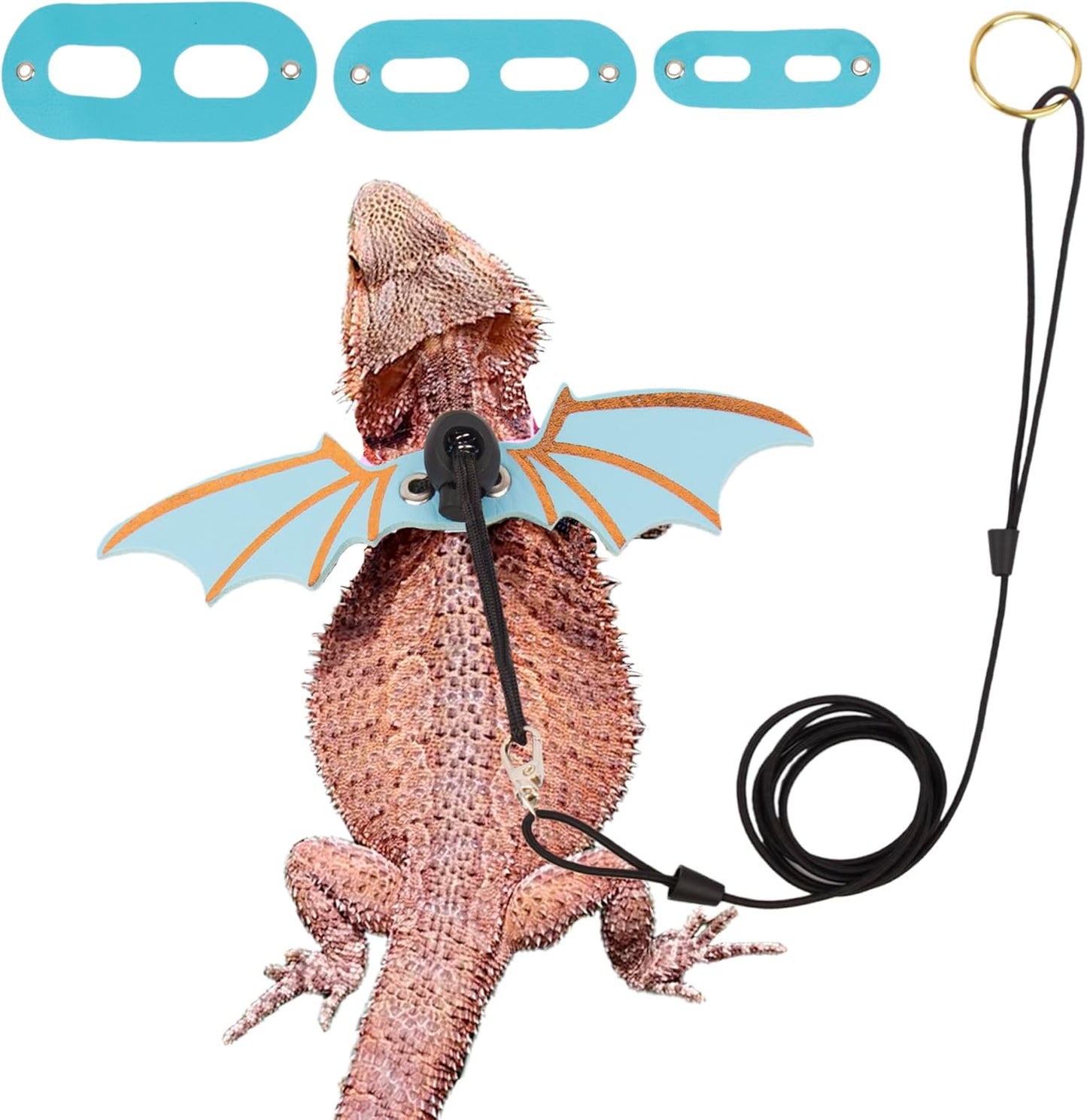 Bearded Dragon Harness, Blue, Wing Style, Animal Harness, 3 Size Pack, Soft Leather, Durable Nylon Rope, Removable Leash, Suitable for Baby to Adult Beardies