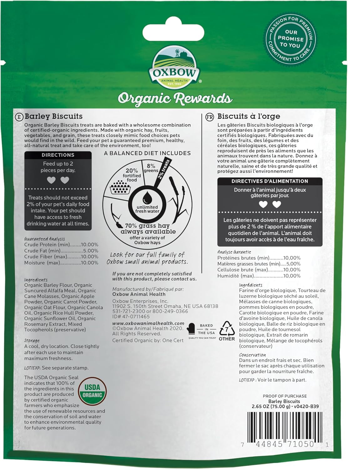 Animal Health Organic Rewards Barley Biscuit Treats, Barley Guinea Pig & Bunny Treats, Pet Snack for Rabbit, Carrot, Apple, Made with  Guinea Pig Hay, Alfalfa for Rabbit, 2.65 Oz Bag