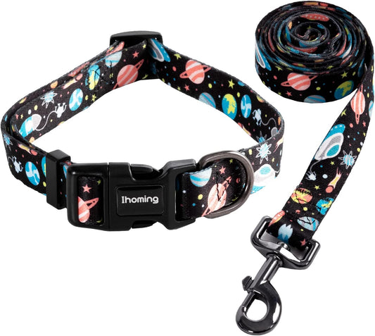 Dog Collar and Leash Set for Daily Outdoor Walking Running Training, Space Design for Small Boys Girls Dogs Cats Pets, S-Up to 20LBS