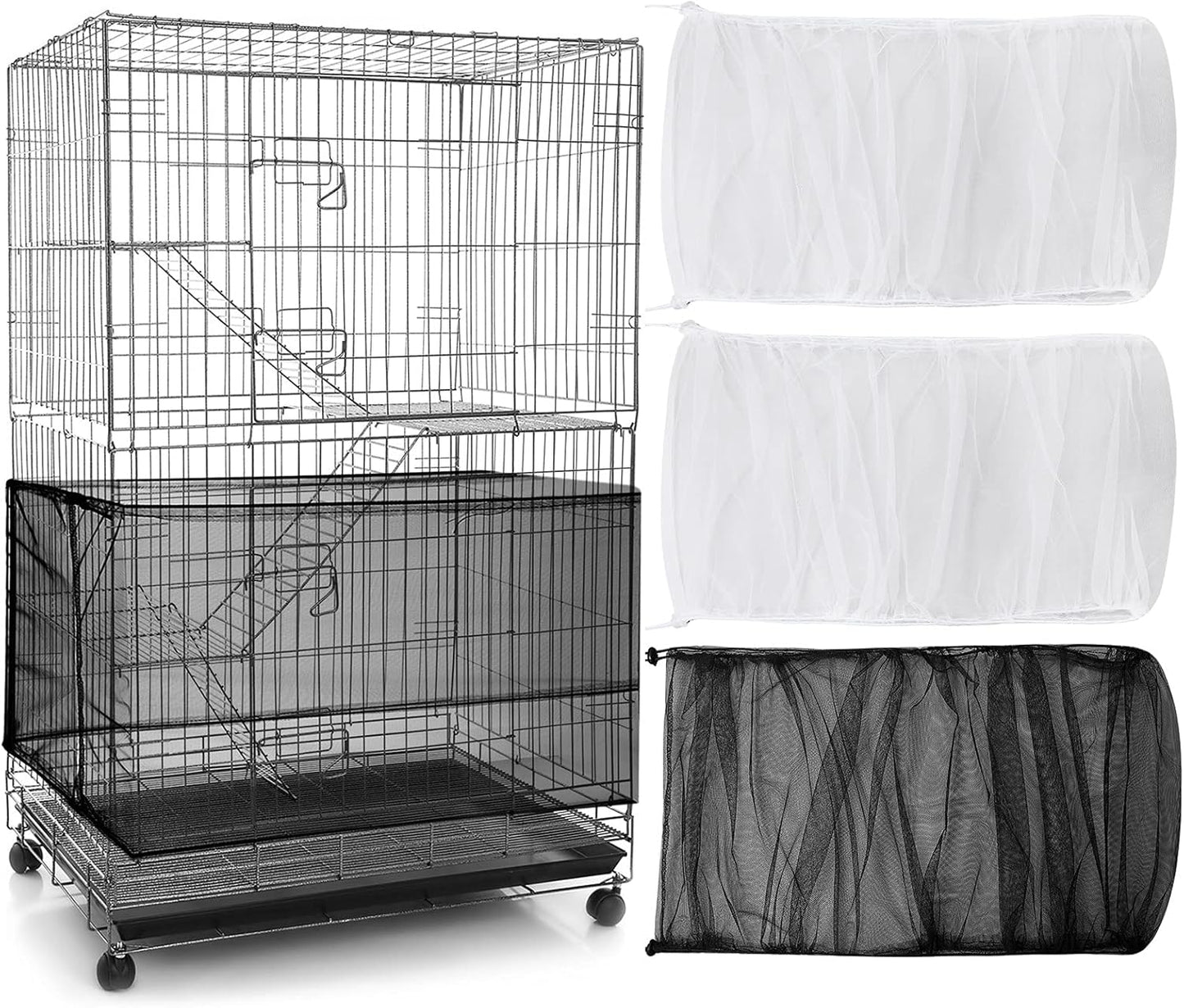 3 Pieces Large Adjustable Bird Cage Cover Seed Feather Catcher Birdcage Nylon Mesh Net Cover Soft Skirt Guard for Parakeet Macaw African round Square Cage (118 X 15 Inch in Circumference and Width)