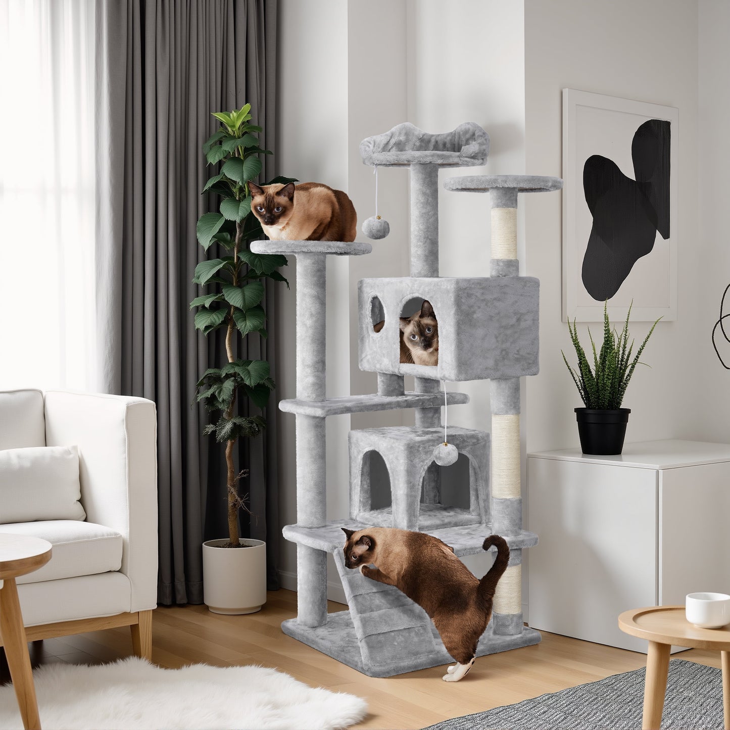 54.5" Cat Tree Tower with Condos and Scratching Posts, Light Gray