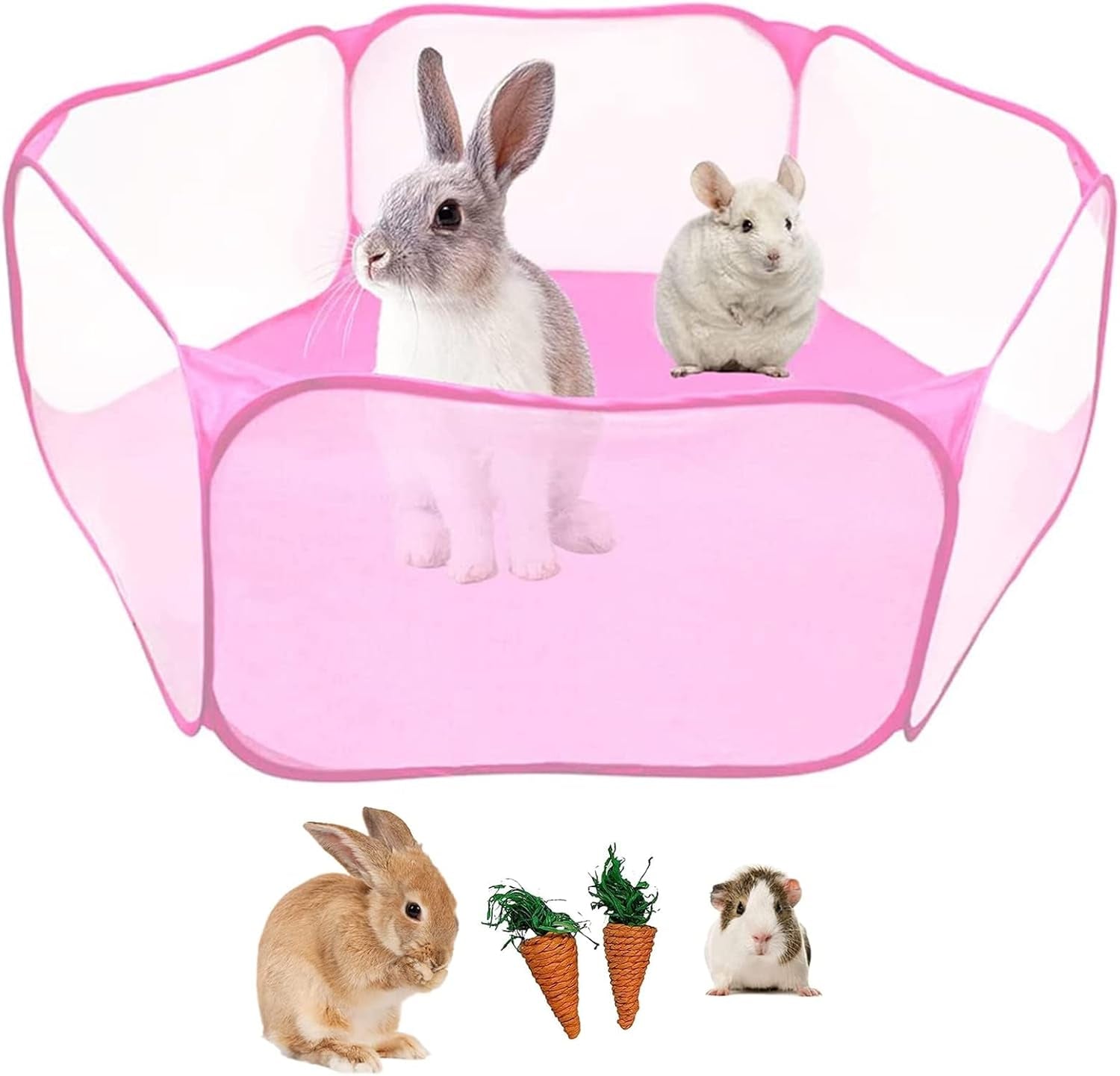 Small Animals Cage Tent, Breathable&Transparent Pets Playpen Folding Exercise Pop Open Outdoor/Indoor Portable Fence with Carrots for Guinea Pig Hamster Rabbit Rat Gerbils(Pink)