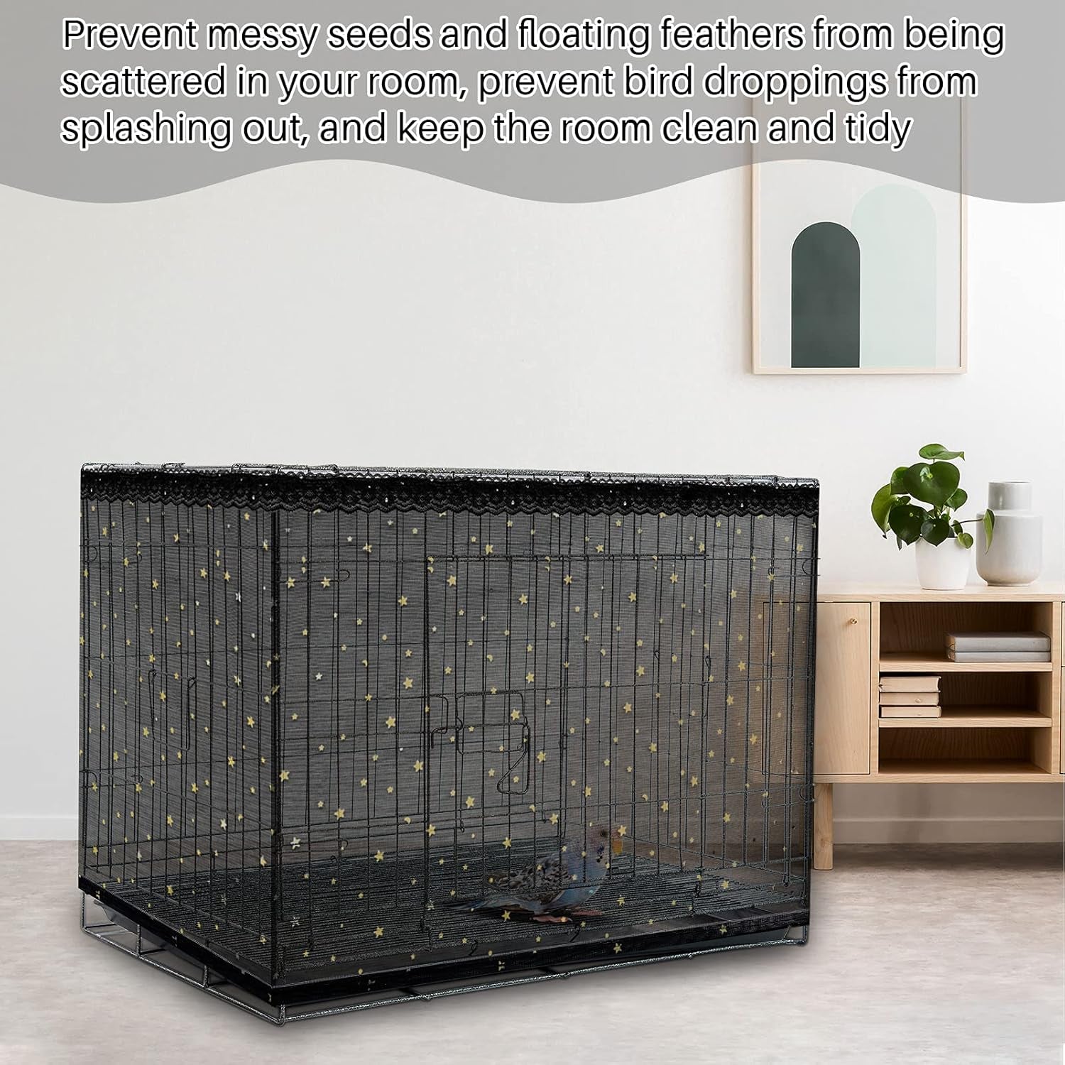 Large Bird Cage Cover Birdcage Nylon Mesh Net Cover Seed Feather Catcher Twinkle Star Universal Birdcage Cover Bird Seed Guard Skirt for Parakeet Macaw African round Square Cage (Black, L)