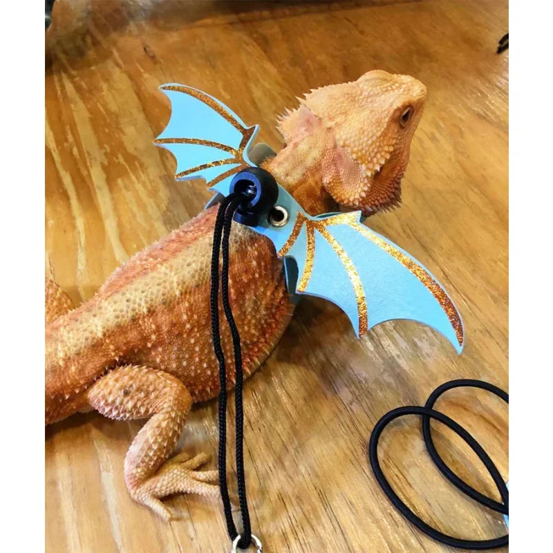 New Adjustable Bearded Dragon Leash with Bat Wings Soft Leather Lizard Harness for Amphibians and Other Small Reptile