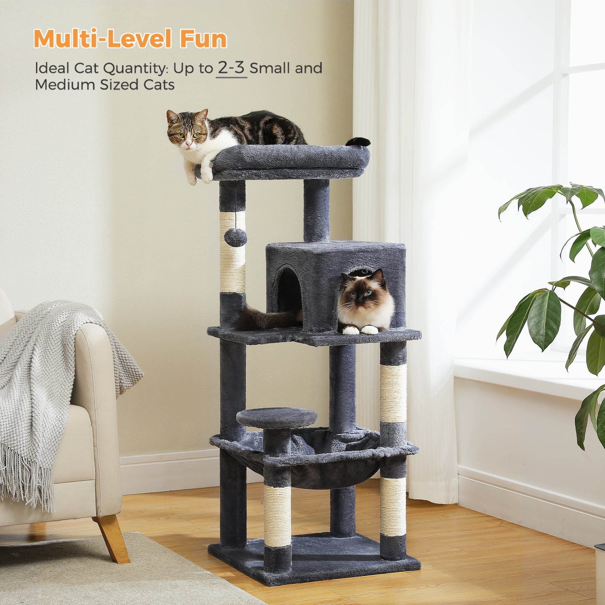 Cat Tree Condo 46”With Sisal Covered Scratching Posts Tower Deep Hammock and Large Perch for Small Cats,Dark Gray