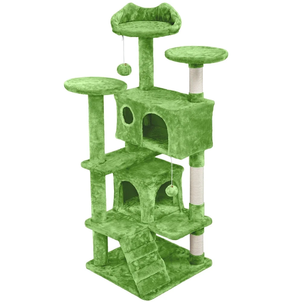53.9" H Cat Tree with Double Condos, Scratching Posts & Ramp, Green