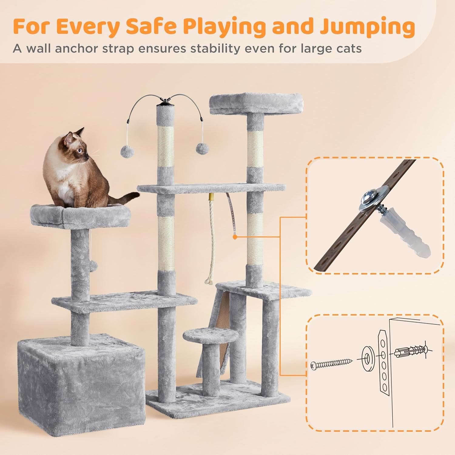 Rotatable Cat Tree 53.5In Multi-Level Cat Tower for Indoor Kittens/Large Cats, Pet House with Scratching Posts,Climbing Furniture Play Center, Light Gray