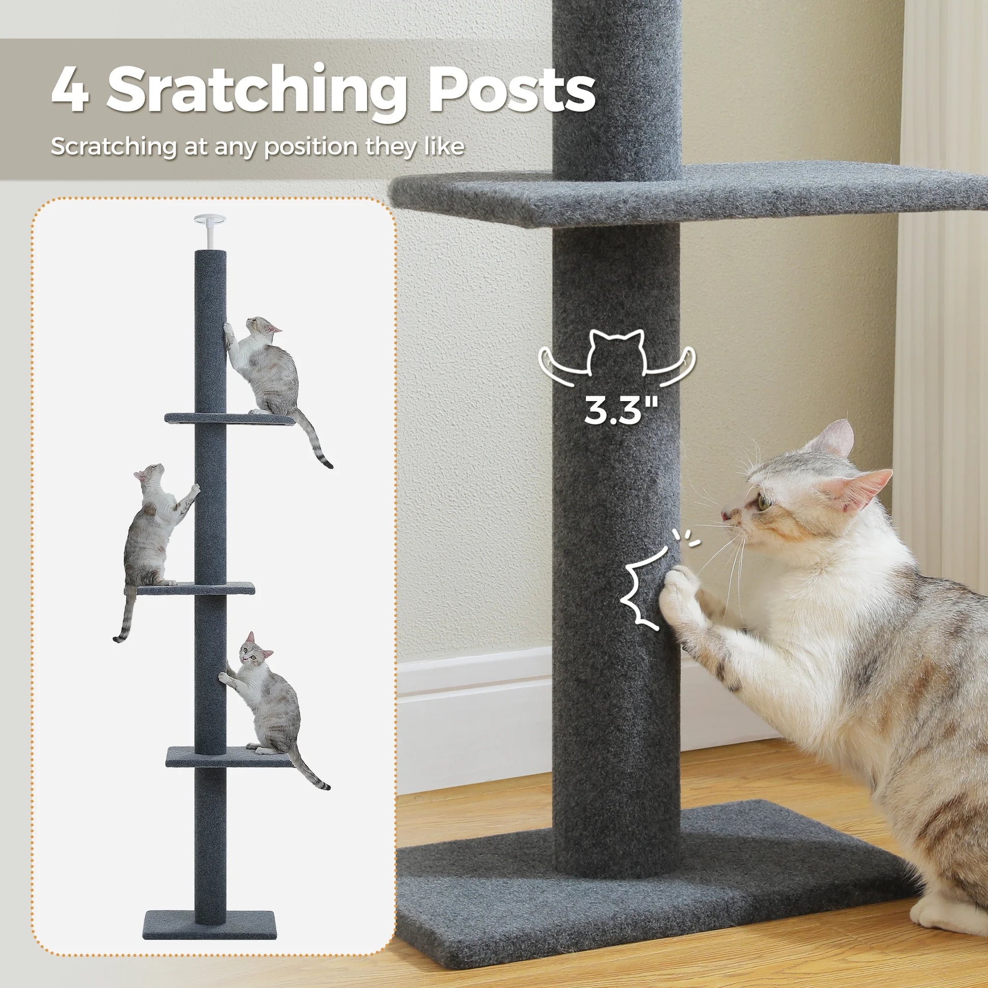 90-107" Floor to Ceiling Cat Tree Tower 4 Tier Tall Cat Climbing Posts Adjustable, Gray